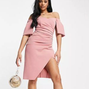 ASOS DESIGN sweetheart neck wrap tuck off shoulder bardot midi dress in rose